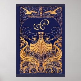 Antik farkost,Delfiner,Guld,Navblå monogram Poster