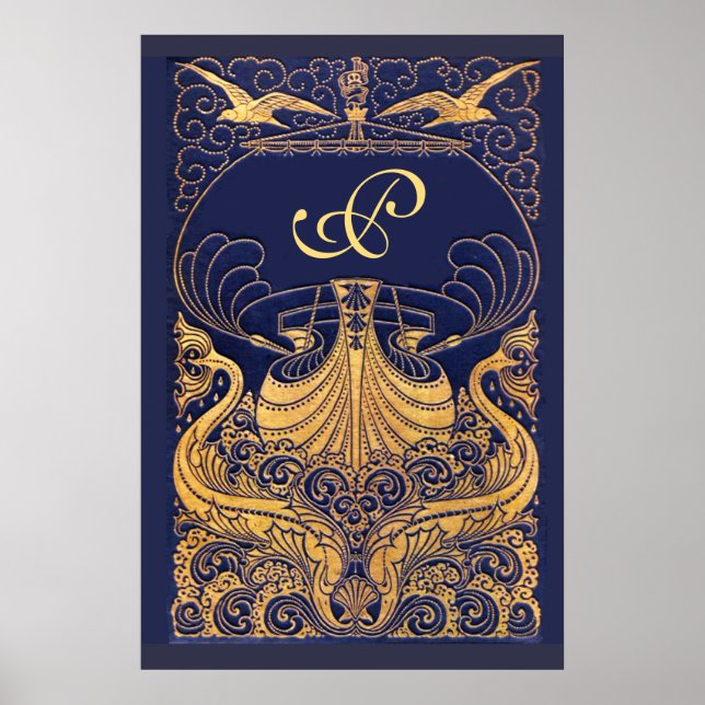 Antik farkost,Delfiner,Guld,Navblå monogram Poster (Framsidan)
