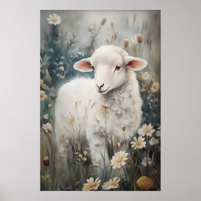 Antik fårtryck, lamm påsk blomma bondgård poster (Framsidan)