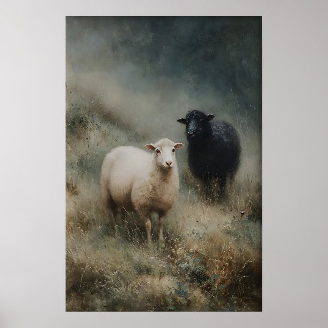 Antik fårtryck, svart får gårdshus poster (Framsidan)