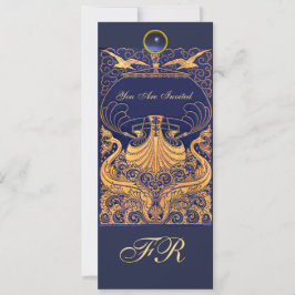 Antik Fartyg,Delfiner,Gul, Marinblå Monogram Inbjudningar