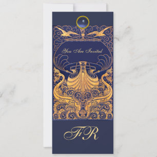 Antik Fartyg,Delfiner,Gul, Marinblå Monogram Inbjudningar