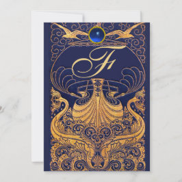 Antik Fartyg,Delfiner,Guld, Marinblå Monogram Inbjudningar