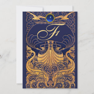 Antik Fartyg,Delfiner,Guld, Marinblå Monogram Inbjudningar
