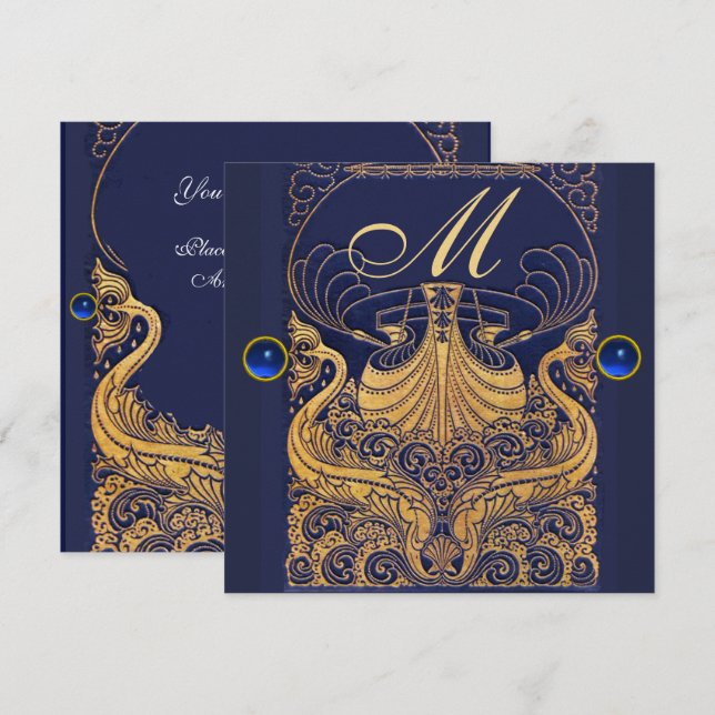 Antik Fartyg,Delfiner,Guld,Marineblå Monogram Inbjudningar (Fram/baksida)
