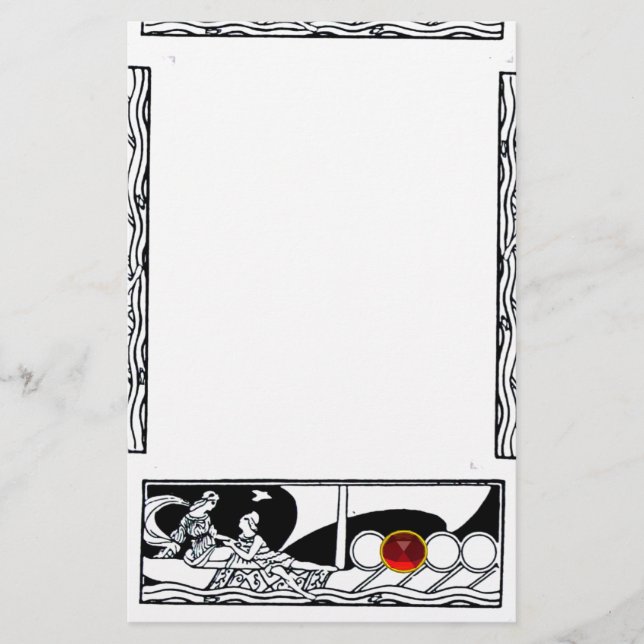 ANTIK FARTYG OCH ÄLSKANDE Röd Rubingem Black White Brevpapper (Framsida)