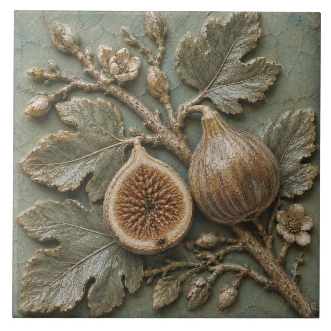 Antik Fikonkvist Botanisk Falsk Relief Kakelplatta (Framsidan)