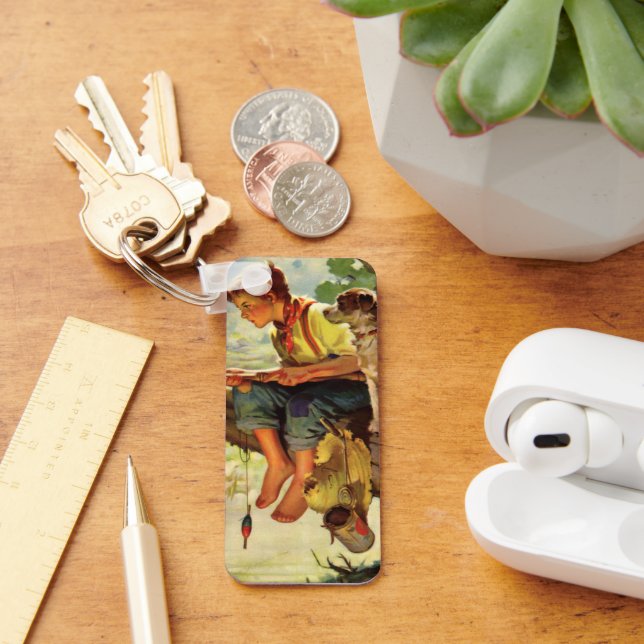 Antik fisketur, pojke med sin valp och maskar nyckelring (Skrivbord)