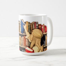 Antik flicka vid bibliotekets bokhylla kaffemugg