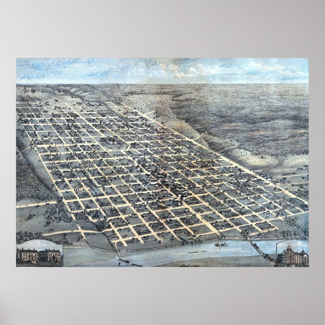 Antik flygbildskarta över Austin, Texas, 1873 Poster (Framsidan)