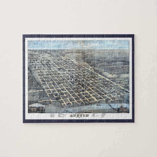 Antik flygbildskarta över Austin, Texas från 1873 Pussel (Horisontell)