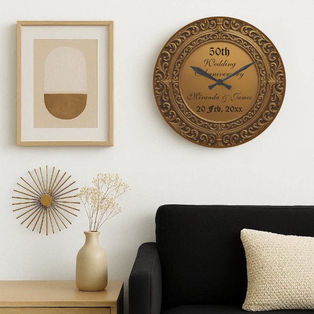 Antik förgylld barockram 50-års bröllopsjubileum stor klocka (Vintage Gold Baroque Frame 50 Wedding Anniversary Large Clock)