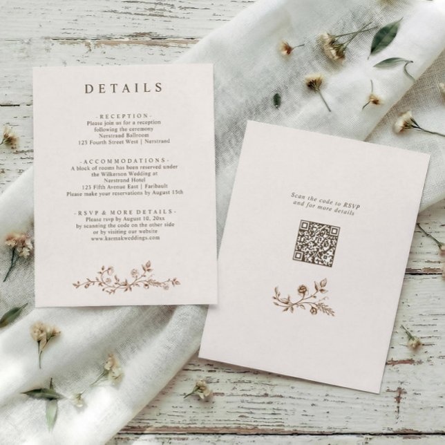Antik fransk blomsterbrun bröllopsdetalj QR Tilläggskort (Vintage French brown wedding details card with Victorian floral and QR code on back)