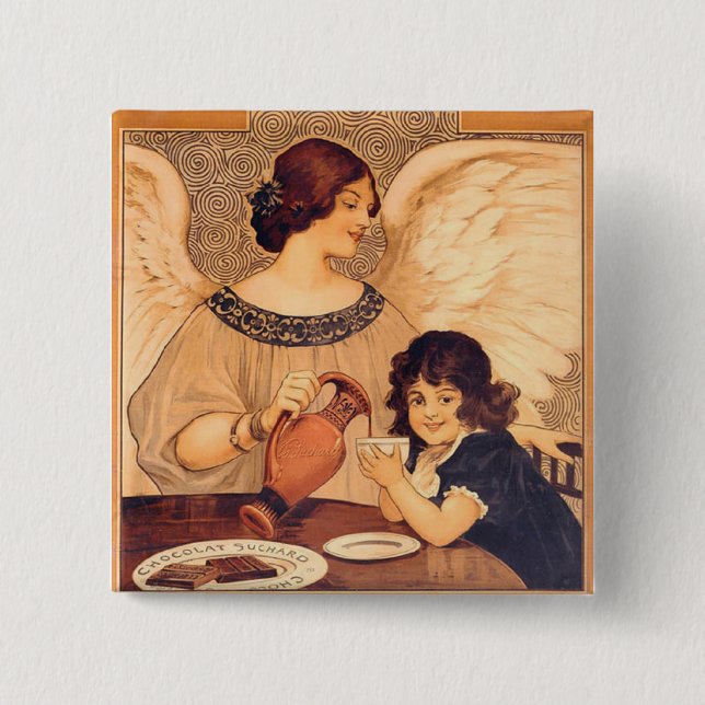 Antik fransk chokladängelsposter: Vintagekonst Knapp (Framsida)