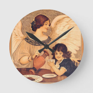 Antik fransk chokladängelsposter: Vintagekonst Rund Klocka