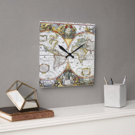 Antik gammal världskarta av Hendrik Hondius, 1630 Fyrkantig Klocka