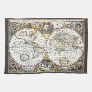 Antik gammal världskarta av Hendrik Hondius, 1630 Kökshandduk