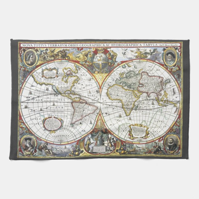 Antik gammal världskarta av Hendrik Hondius, 1630 Kökshandduk (Horisontell)