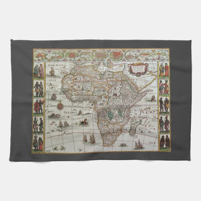 Antik gammal världskarta över Afrika av Blaeu, ca  Kökshandduk (Horisontell)