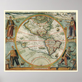 Antik gammal världskarta över Amerika, 1597 Poster
