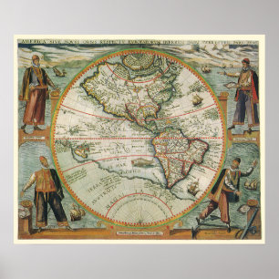Antik gammal världskarta över Amerika, 1597 Poster