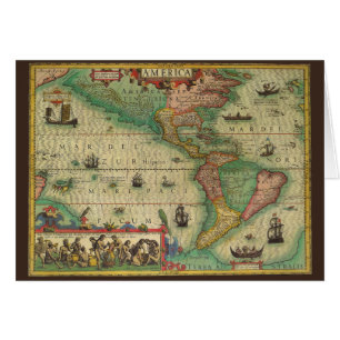 Antik gammal världskarta över Amerika, 1606 Hälsningskort