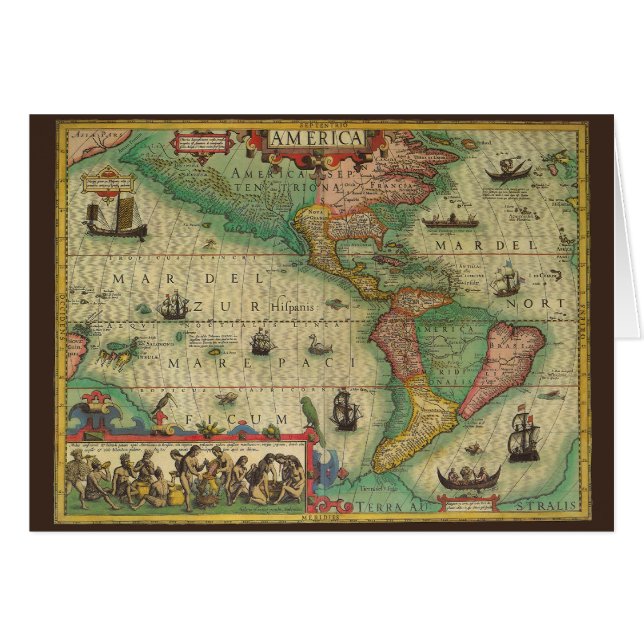 Antik gammal världskarta över Amerika, 1606 Hälsningskort (Framsidan Horizontal)