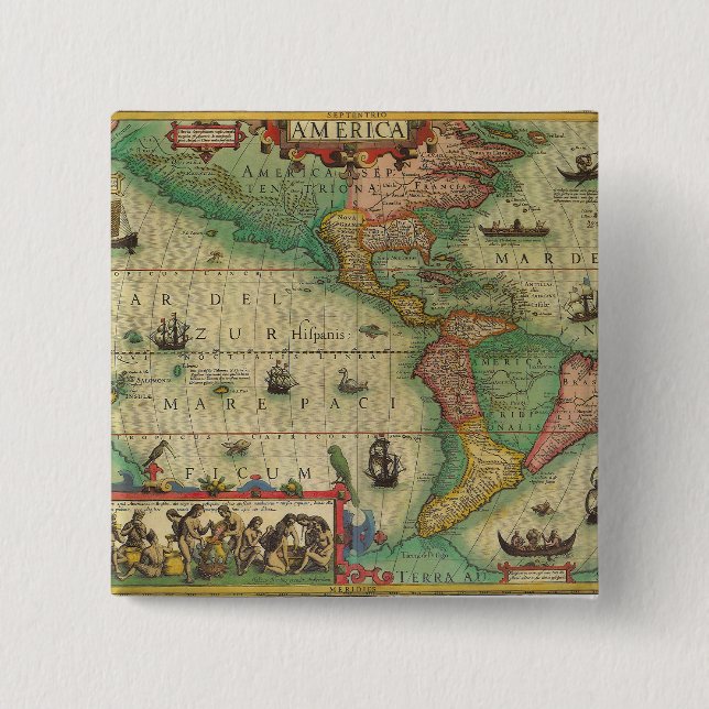 Antik gammal världskarta över Amerika, 1606 Knapp (Framsida)