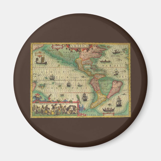 Antik gammal världskarta över Amerika, 1606 Magnet (Framsidan)