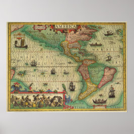 Antik gammal världskarta över Amerika, 1606 Poster