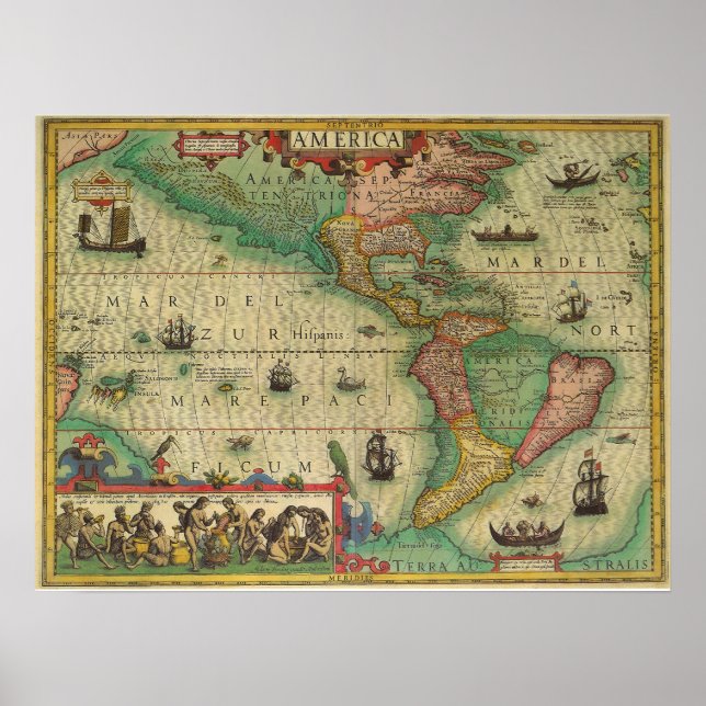 Antik gammal världskarta över Amerika, 1606 Poster (Framsidan)