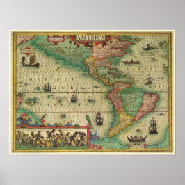 Antik gammal världskarta över Amerika, 1606 Poster