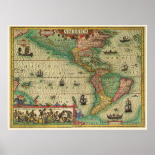 Antik gammal världskarta över Amerika, 1606 Poster
