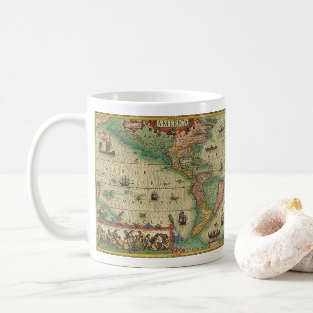 Antik gammal världskarta över Amerika av Hondius Kaffemugg (Med munk)