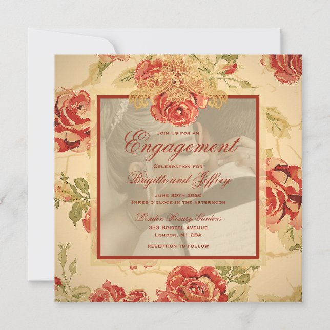 Antik gul rustik röd ros bröllopsfoto inbjudan (Framsida)