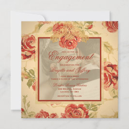 Antik gul rustik röd ros bröllopsfoto inbjudan