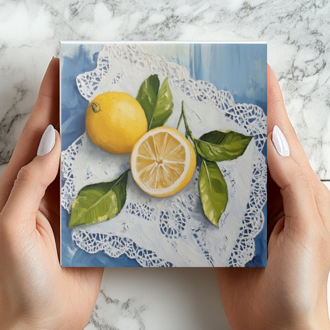 Antik gula citronflätad keramisk platta bondgårds  kakelplatta (Lemons on Lace Ceramic Tile - Country Farmhouse Style - Bridal Shower Favors)