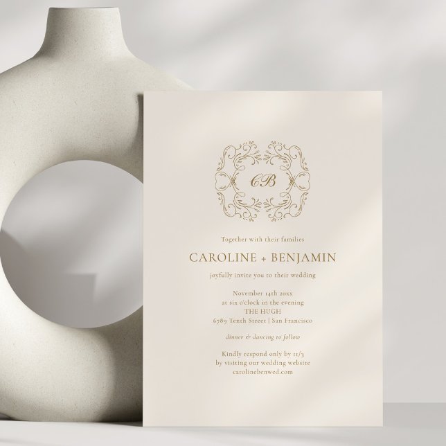 Antik Guld Bröllopskam Klassisk Formell Monogram Inbjudningar (Skapare uppladdad)