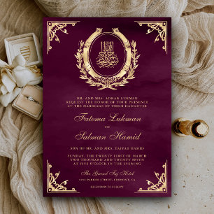 Antik Guld Crest Plommon Purpur Muslimsk Bröllop Inbjudningar