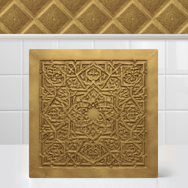 Antik Guld Marockansk Arabesk Geometrisk Kakelplatta (Antique Gold Moroccan Arabesque Geometric Ceramic Tile)