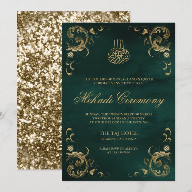 Antik Guld Ram Smaragdgrön Islamisk Mehndi Inbjudningar (Fram/baksida)