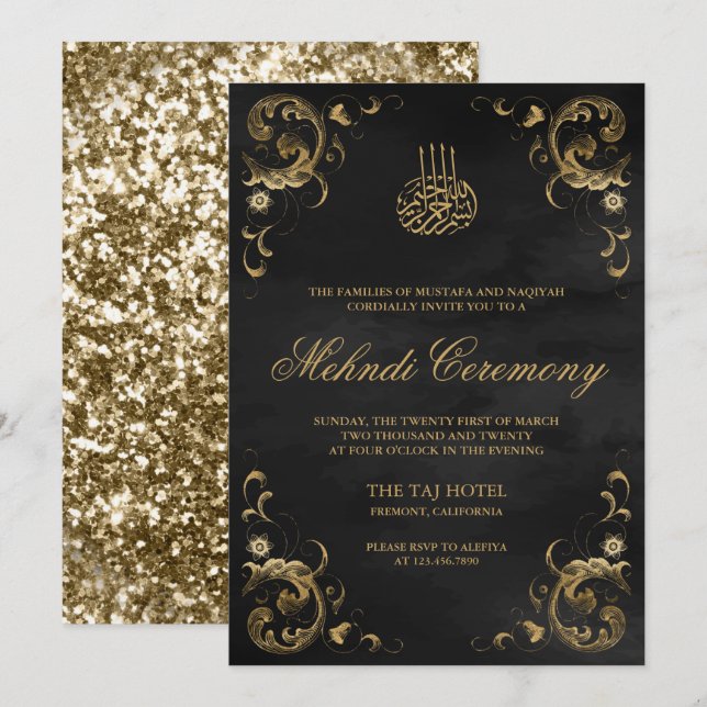 Antik Guld Ram Svart Islamisk Mehndi Inbjudningar (Fram/baksida)