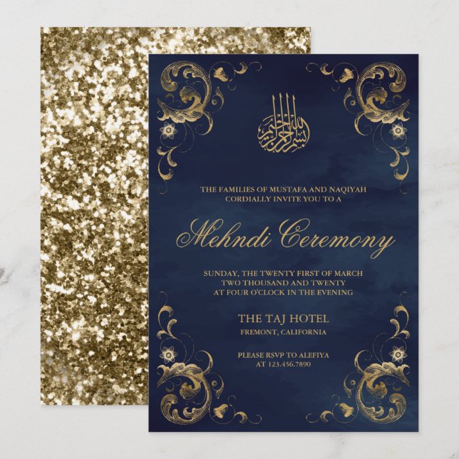 Antik guldram Navyblå islamisk Mehndi Inbjudningar (Fram/baksida)