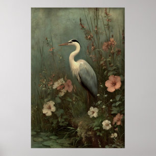 Antik häger vid sjön tryck, dyster botanisk poster