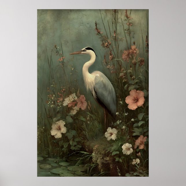 Antik häger vid sjön tryck, dyster botanisk poster (Framsidan)