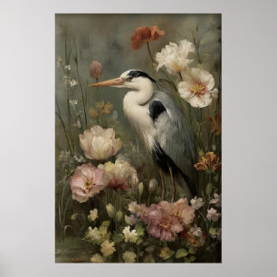 Antik Heron Blommtryck, Dyster Botanisk Poster