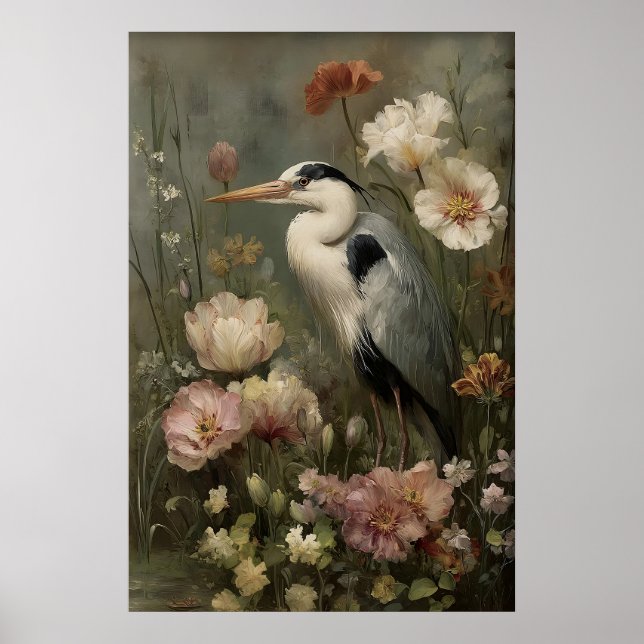 Antik Heron Blommtryck, Dyster Botanisk Poster (Framsidan)