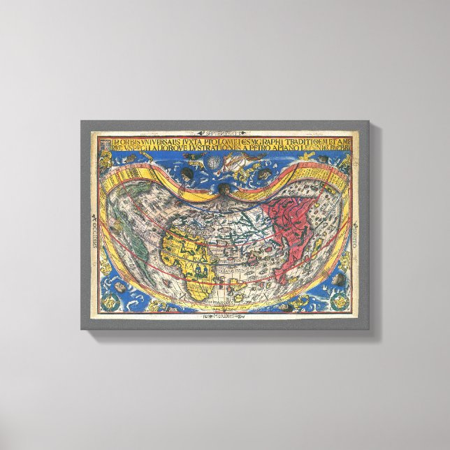 Antik hjärtformad världskarta av Peter Apian 1520 Canvastryck (Framsida)