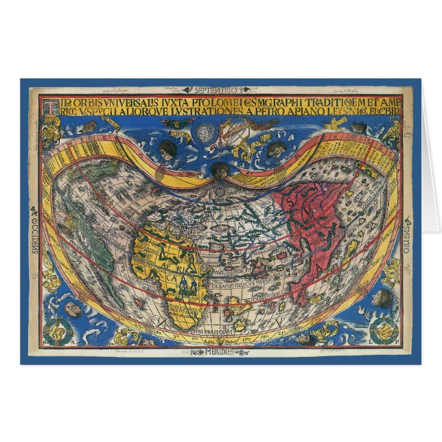 Antik hjärtformad världskarta av Peter Apian 1520 Hälsningskort (Framsidan Horizontal)