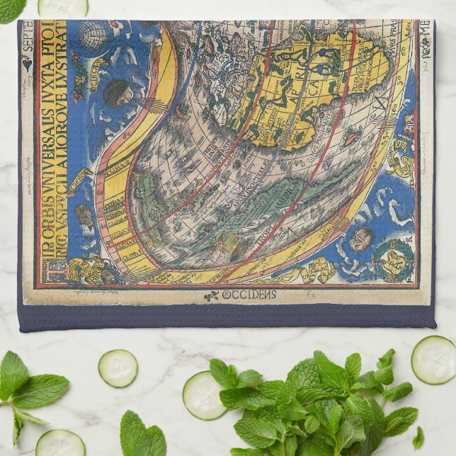 Antik hjärtformad världskarta av Peter Apian 1520 Kökshandduk (Vikta)